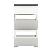 Moderner weißer Schuhschrank mit drei Klappfächern, frontal betrachtet.