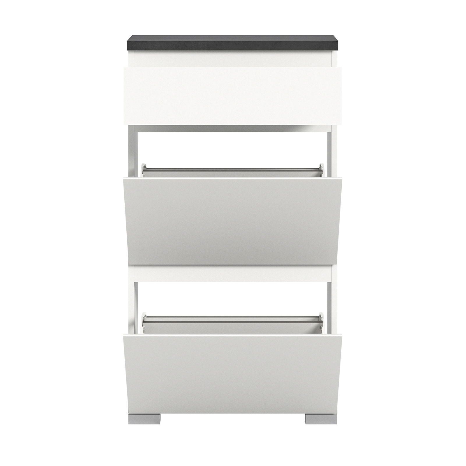 Moderner weißer Schuhschrank mit drei Klappfächern, frontal betrachtet.