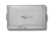 Ansicht von oben auf einen rechteckigen Chafing-Dish-Deckel aus Edelstahl mit mittigem Griff.