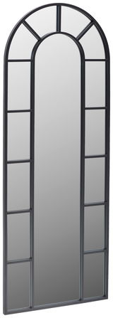 Großer, rechteckiger Spiegel mit abgerundetem oberen Rand und schwarzem Rahmen, perspektivisch von der Seite fotografiert.