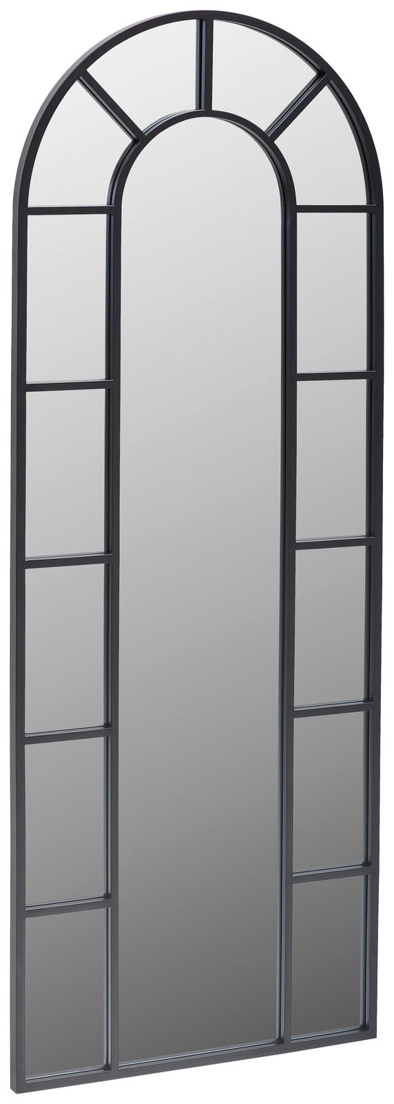 Landscape Spiegel ca. 61x161 cm LAUREL Großer, rechteckiger Spiegel mit abgerundetem oberen Rand und schwarzem Rahmen, perspektivisch von der Seite fotografiert.