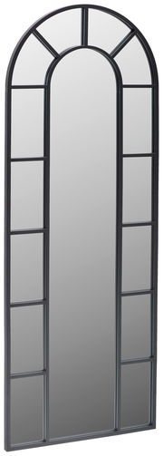 Großer, rechteckiger Spiegel mit abgerundetem oberen Rand und schwarzem Rahmen, perspektivisch von der Seite fotografiert.