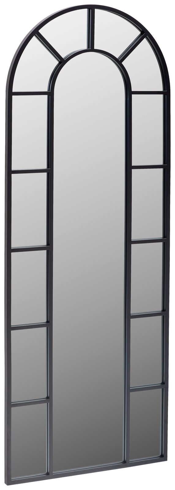 Großer, rechteckiger Spiegel mit abgerundetem oberen Rand und schwarzem Rahmen, perspektivisch von der Seite fotografiert.