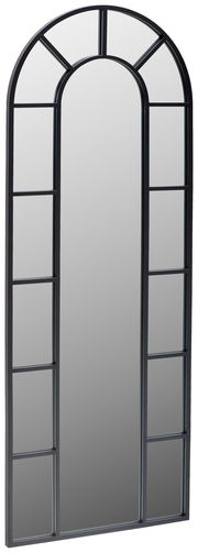 Großer, rechteckiger Spiegel mit abgerundetem oberen Rand und schwarzem Rahmen, perspektivisch von der Seite fotografiert.