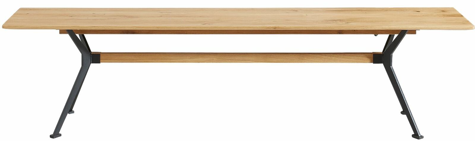 Holz-Sitzbank mit Metallbeinen, seitliche Perspektive