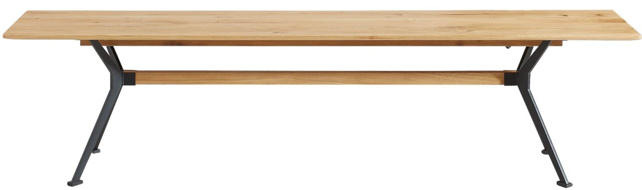 Holz-Sitzbank mit Metallbeinen, seitliche Perspektive