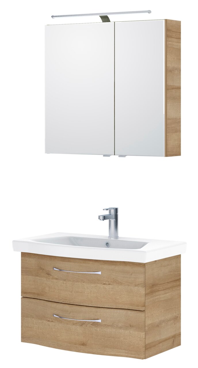 Pelipal Badblock SERIE 6005 SPRINT Moderner Badblock mit Spiegelschrank und Waschbecken in Holzoptik, Frontalansicht