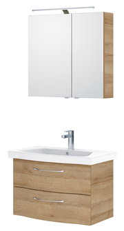 Moderner Badblock mit Spiegelschrank und Waschbecken in Holzoptik, Frontalansicht