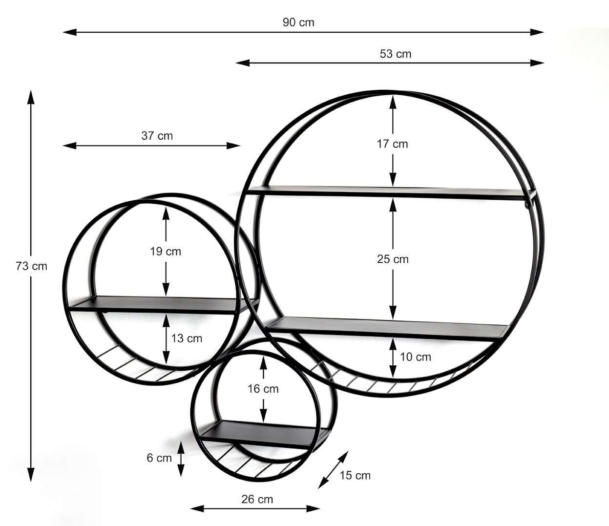 Frontansicht eines schwarzen, runden Wandregal-Sets aus Metall mit drei kreisförmigen Regalen und Ablageböden, inklusive Maßangaben (ca. 90 cm Breite, 73 cm Höhe) auf weißem Hintergrund