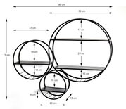 Frontansicht eines schwarzen, runden Wandregal-Sets aus Metall mit drei kreisförmigen Regalen und Ablageböden, inklusive Maßangaben (ca. 90 cm Breite, 73 cm Höhe) auf weißem Hintergrund