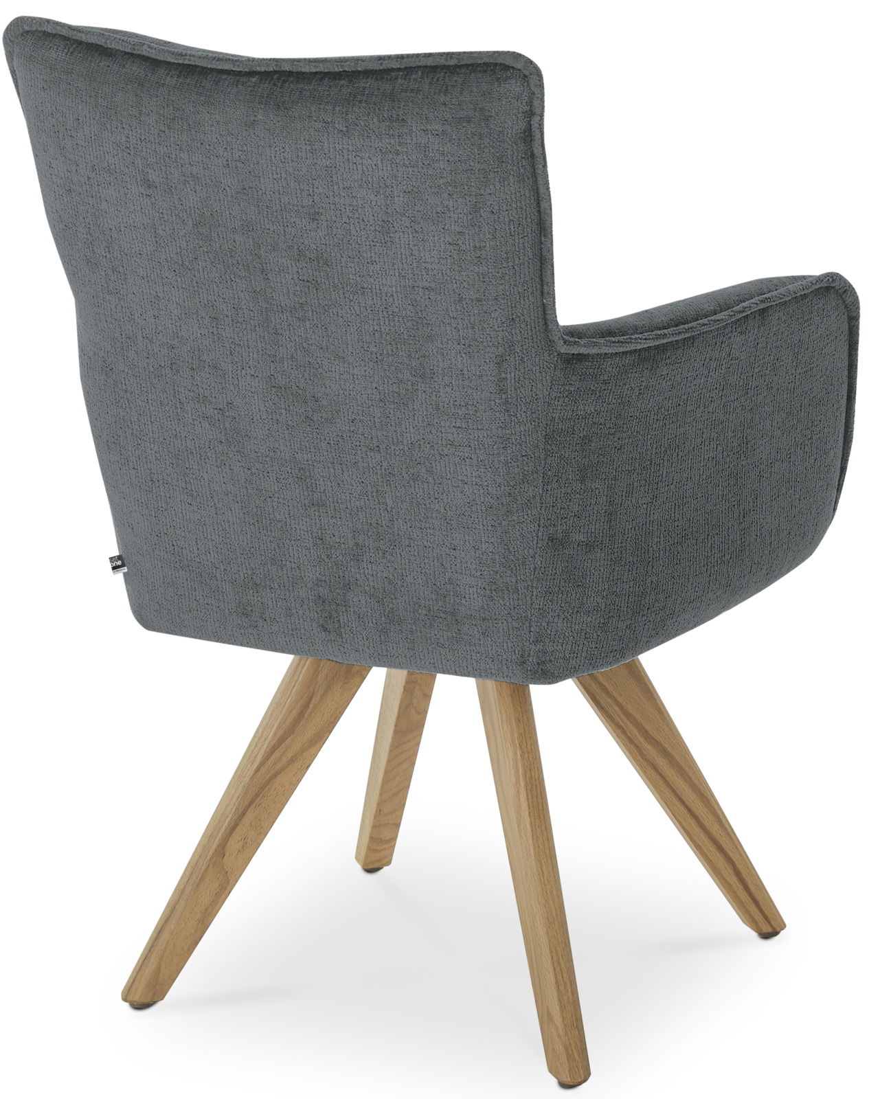 Rückansicht eines grauen Armlehnstuhls mit Holzbeinen, Perspektive von hinten