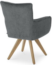 Rückansicht eines grauen Armlehnstuhls mit Holzbeinen, Perspektive von hinten