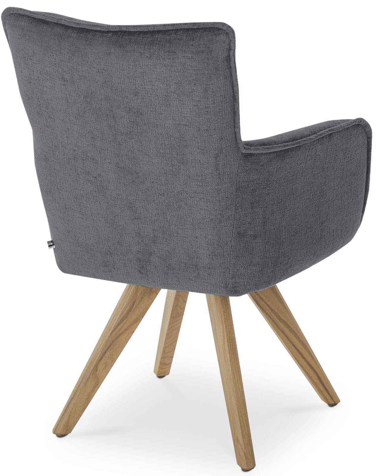 Rückansicht eines grauen Armlehnstuhls mit Holzbeinen, Perspektive von hinten