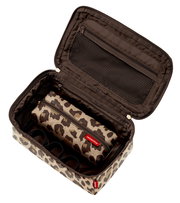 Offenes Beautycase-Set mit Leopardenmuster, Innenansicht mit Netzfächern und herausnehmbarer Tasche, Draufsicht.