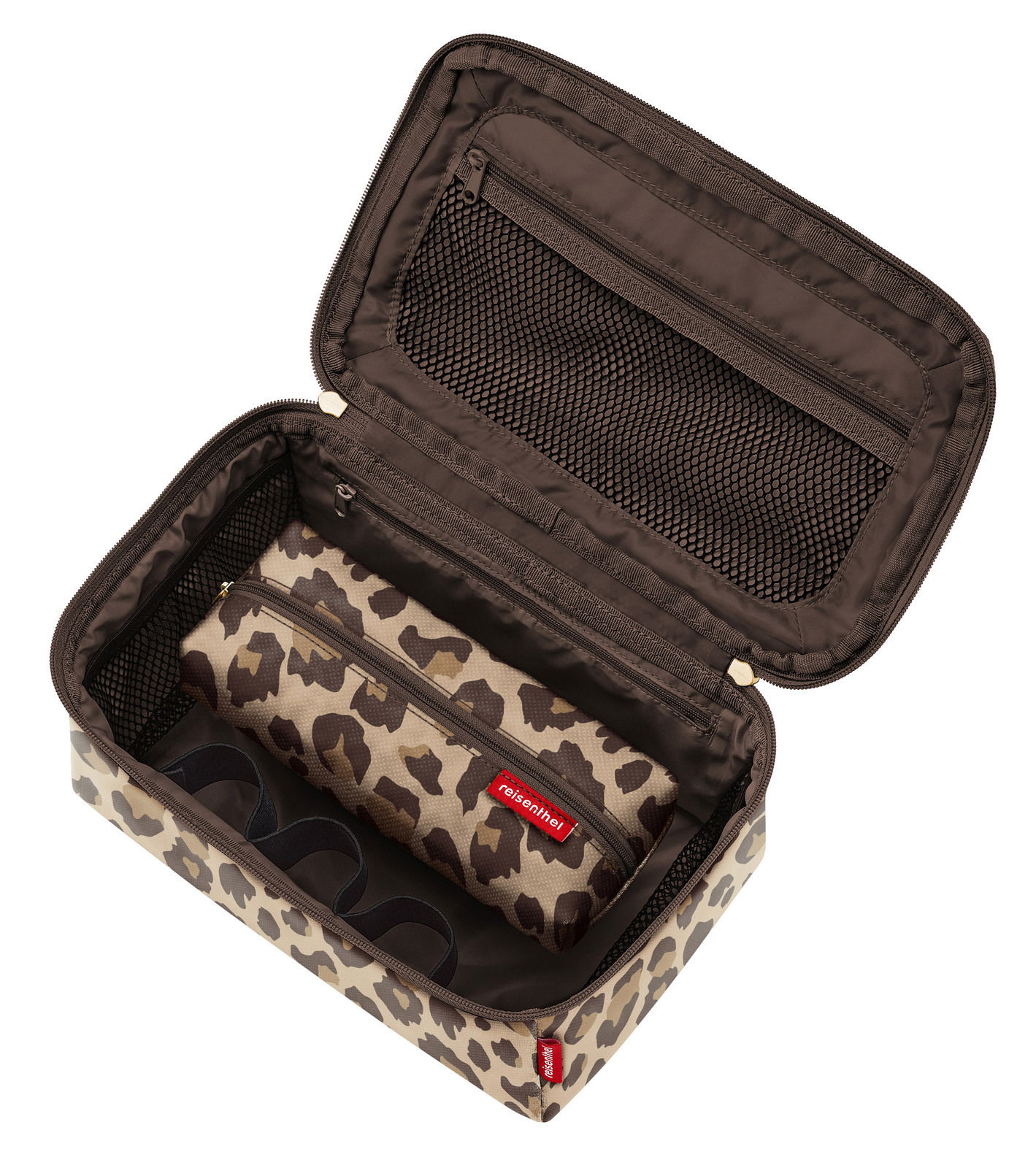 Offenes Beautycase-Set mit Leopardenmuster, Innenansicht mit Netzfächern und herausnehmbarer Tasche, Draufsicht.