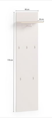 Garderobenpaneel in Weiß mit fünf Haken und einem oberen Regal, seitliche Perspektive.