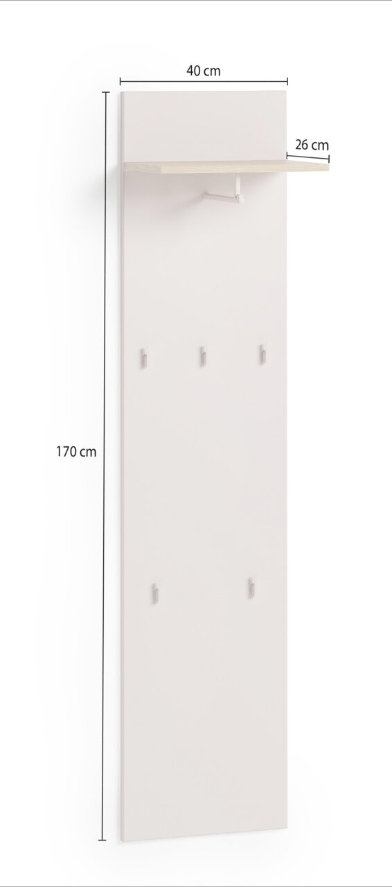 Garderobenpaneel in Weiß mit fünf Haken und einem oberen Regal, seitliche Perspektive.