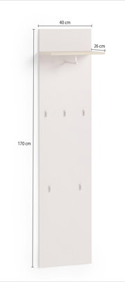 Garderobenpaneel in Weiß mit fünf Haken und einem oberen Regal, seitliche Perspektive.