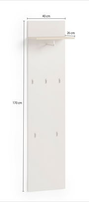 Garderobenpaneel in Weiß mit fünf Haken und einem oberen Regal, seitliche Perspektive.