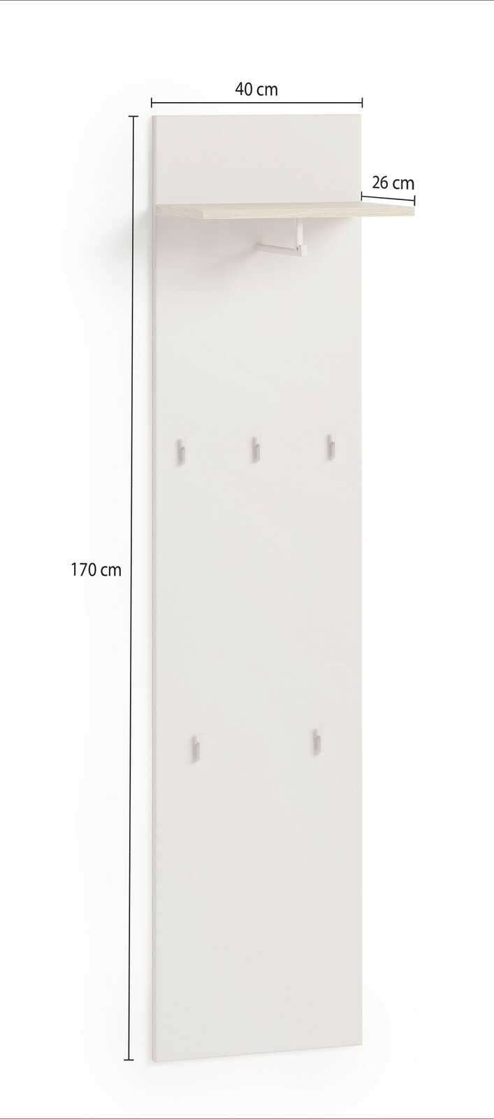 Garderobenpaneel in Weiß mit fünf Haken und einem oberen Regal, seitliche Perspektive.