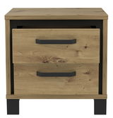 Nachtkonsole aus Holz mit zwei Schubladen, schwarze Griffe und Beine, Frontalansicht