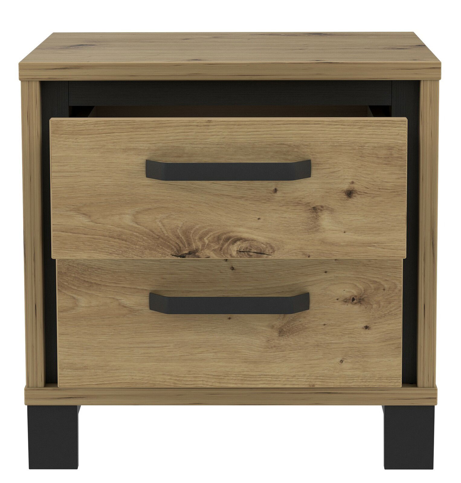Nachtkonsole aus Holz mit zwei Schubladen, schwarze Griffe und Beine, Frontalansicht