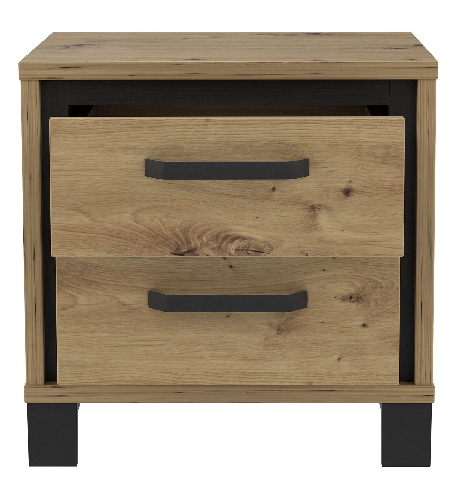 Nachtkonsole aus Holz mit zwei Schubladen, schwarze Griffe und Beine, Frontalansicht