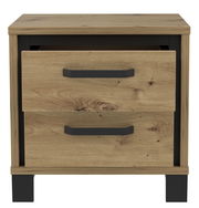 Nachtkonsole aus Holz mit zwei Schubladen, schwarze Griffe und Beine, Frontalansicht