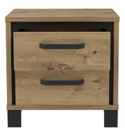 Nachtkonsole aus Holz mit zwei Schubladen, schwarze Griffe und Beine, Frontalansicht