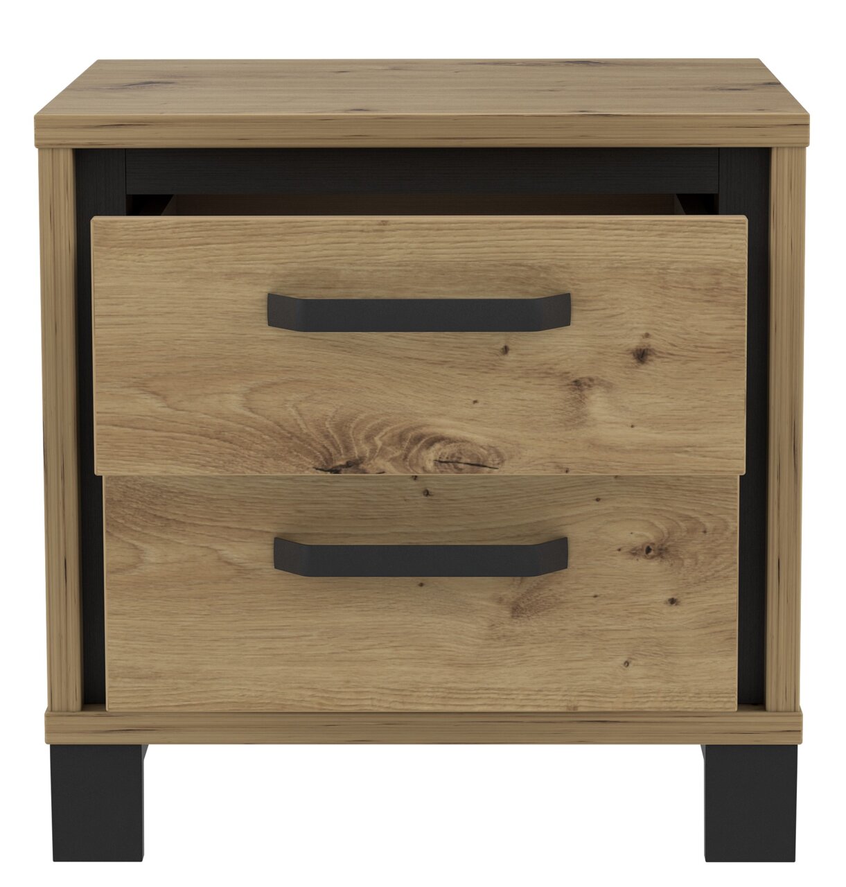Nachtkonsole aus Holz mit zwei Schubladen, schwarze Griffe und Beine, Frontalansicht