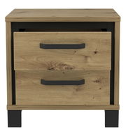 Nachtkonsole aus Holz mit zwei Schubladen, schwarze Griffe und Beine, Frontalansicht