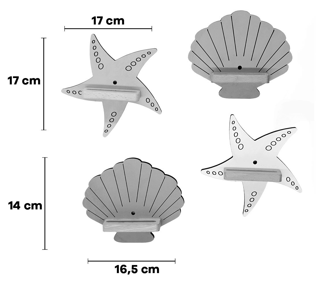 Zwei maritime Wandregale in Form von Seestern (ca. 17 x 17 cm) und Muschel (ca. 16,5 x 14 cm) in Grau/Weiß mit kleiner Ablage, frontal abgebildet mit Maßangaben.