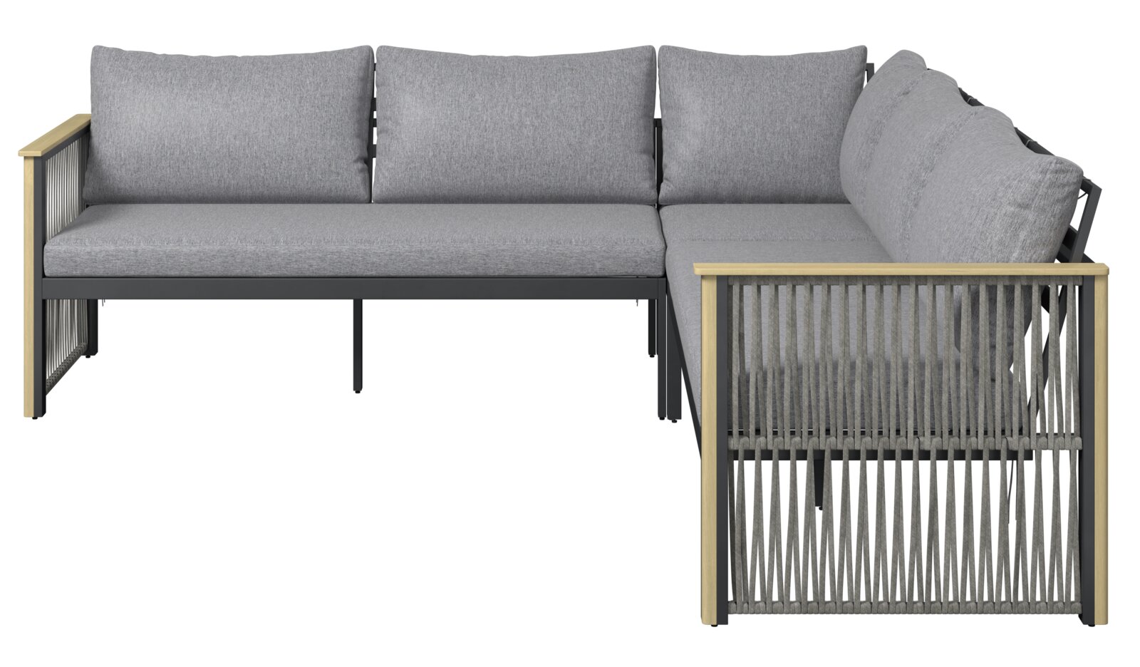 L-förmiges Lounge-Set mit grauen Kissen und Holzarmlehnen, seitliche Perspektive