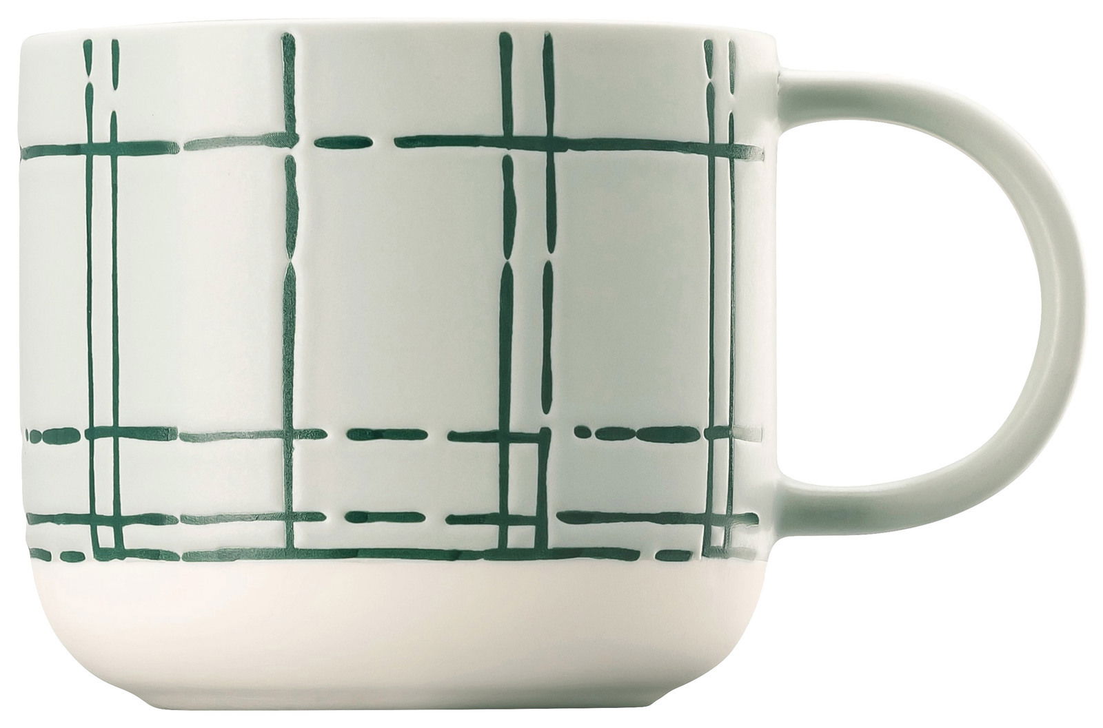 Keramikbecher mit Henkel und grünem Karomuster, seitliche Ansicht