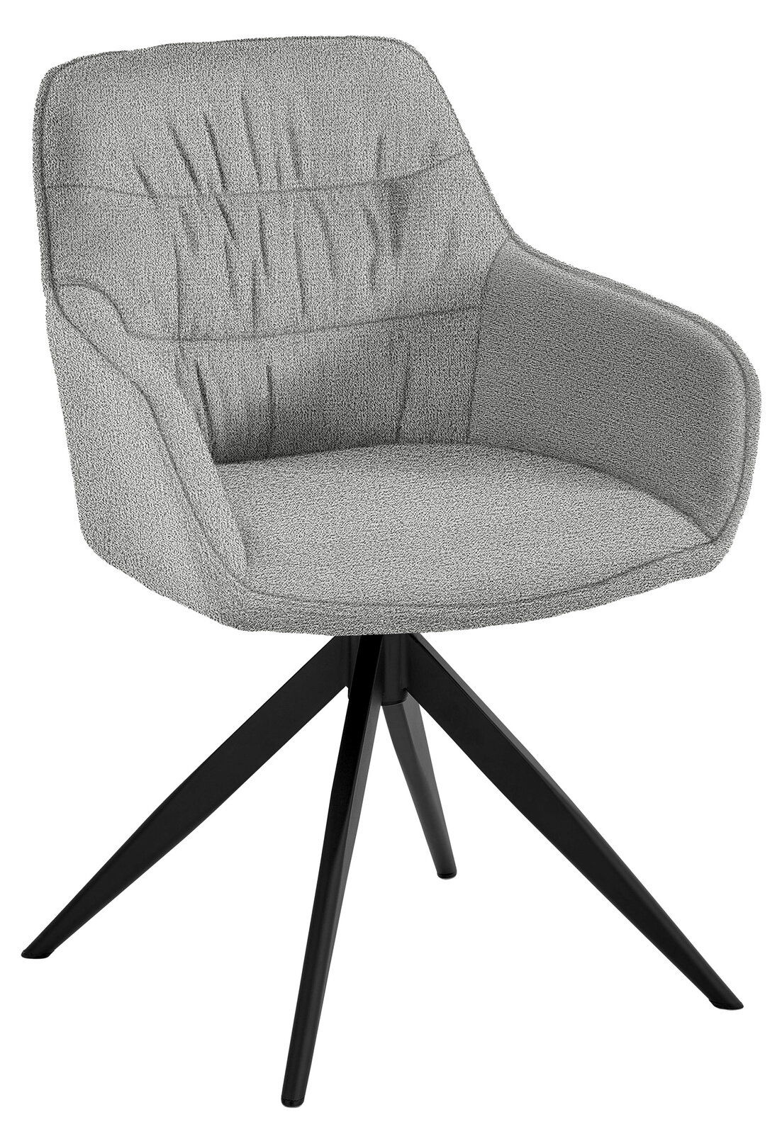 Grauer Armlehnstuhl mit schwarzem Metallgestell, seitliche Perspektive