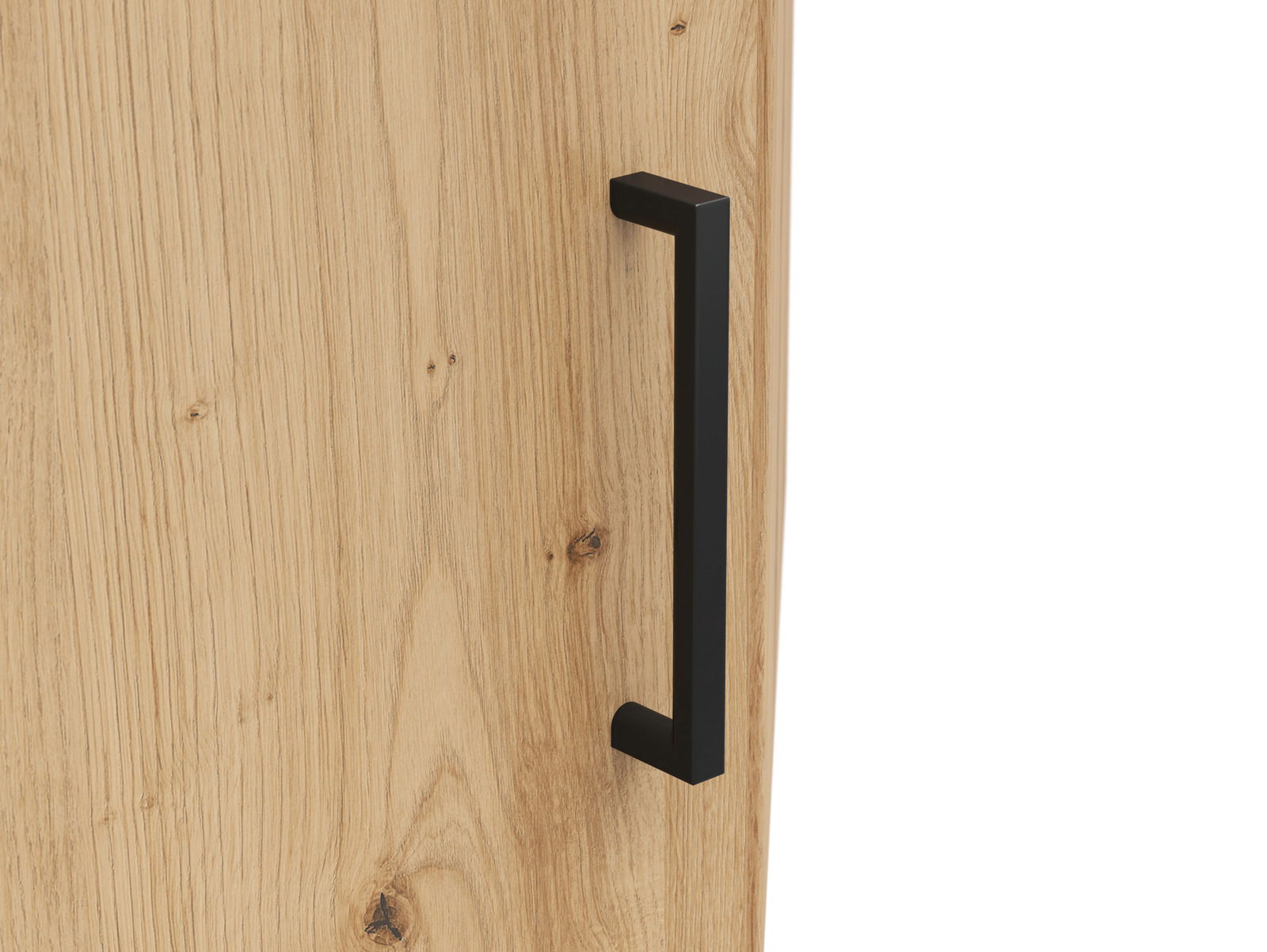 Nahaufnahme eines Holzschranks mit schwarzem Griff, seitliche Perspektive