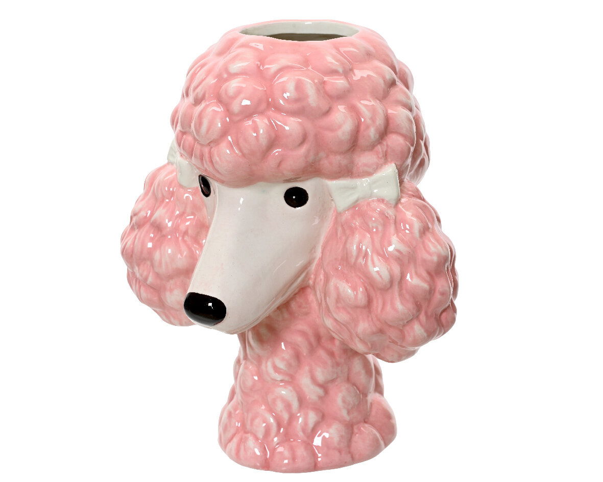 Vase in Form eines rosa Pudels, seitliche Perspektive