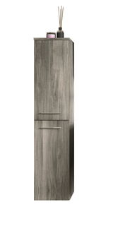 Moderner Hängeschrank in Holzoptik mit zwei Türen, seitliche Perspektive, dekoriert mit Duftstäbchen und Kerze auf der Oberseite.