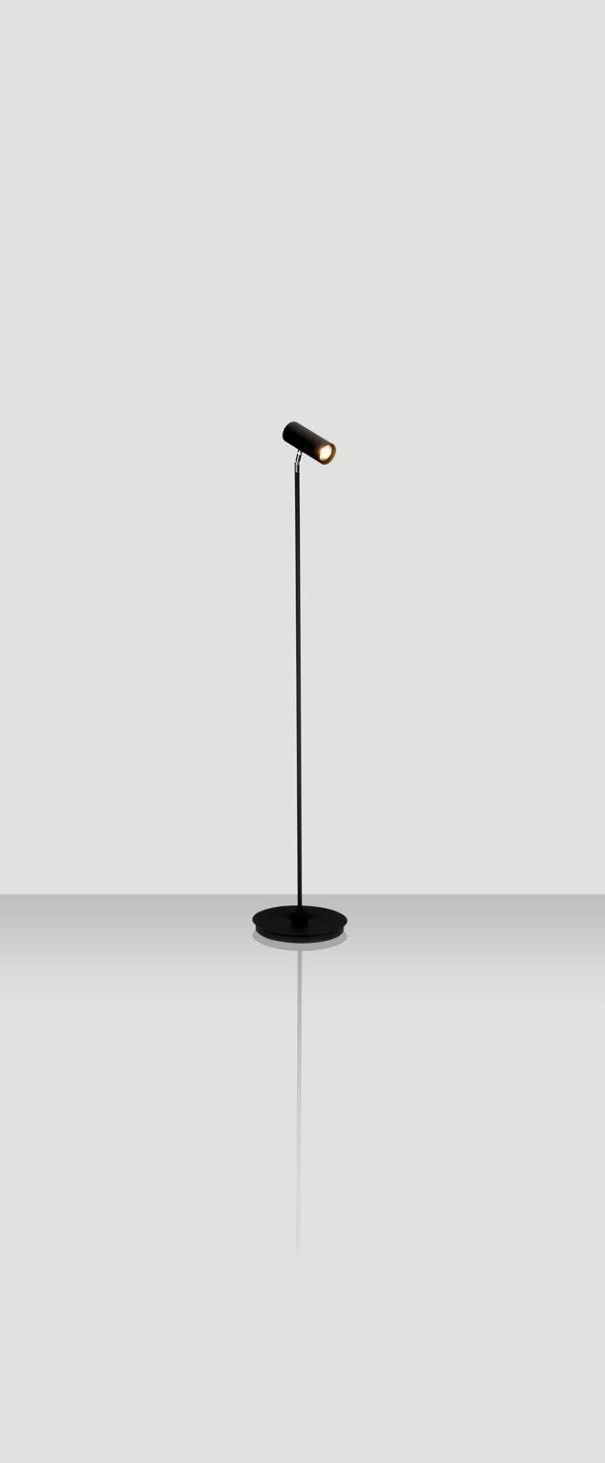 Schwarze Stehleuchte mit schlankem Design, seitliche Perspektive