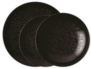 Draufsicht auf ein dreiteiliges, schwarzes Tellerset mit marmorierter Oberfläche.