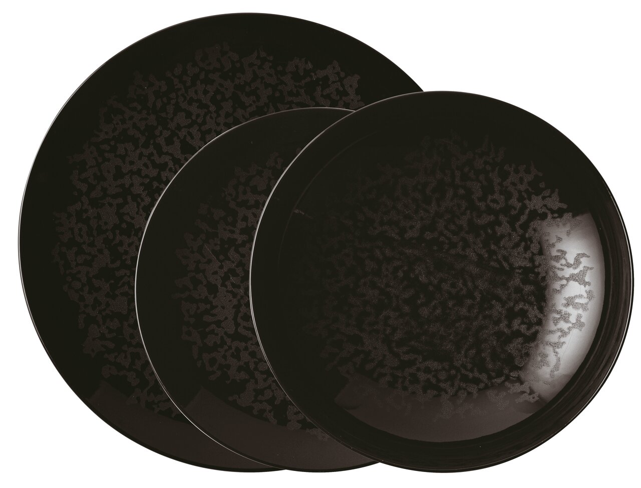 Draufsicht auf ein dreiteiliges, schwarzes Tellerset mit marmorierter Oberfläche.