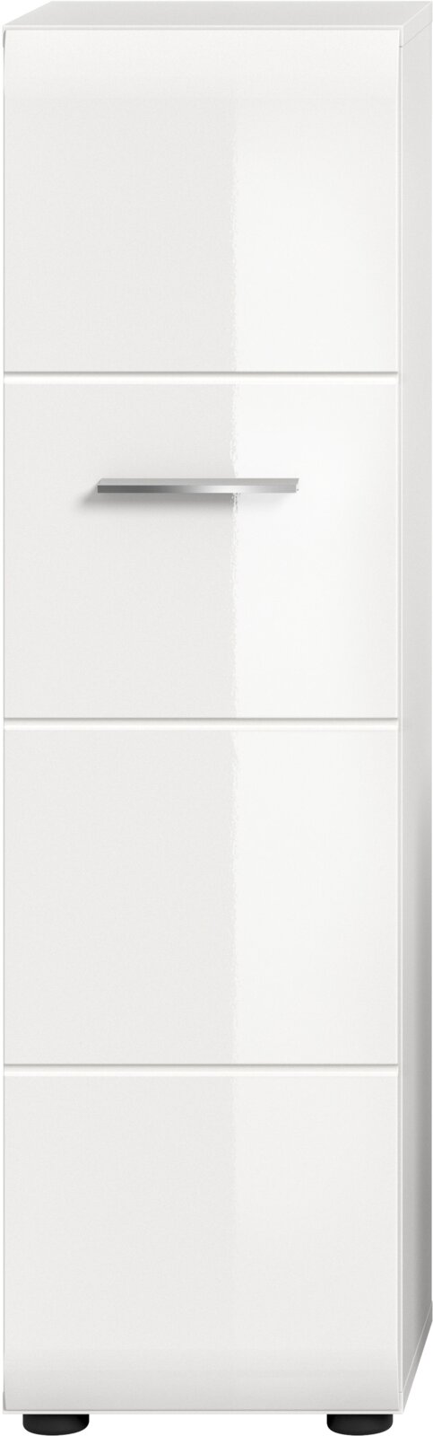 Weißer, hochglänzender Badezimmerschrank mit drei Frontsegmenten und horizontalem Metallgriff, Frontalansicht