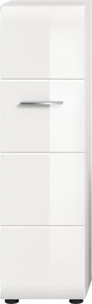Weißer, hochglänzender Badezimmerschrank mit drei Frontsegmenten und horizontalem Metallgriff, Frontalansicht