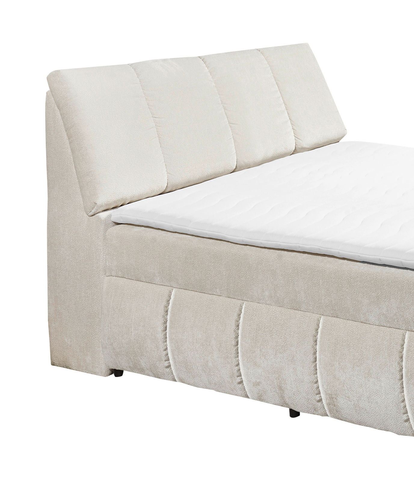 Beiges Boxspringbett mit gepolstertem Kopfteil, seitliche Perspektive