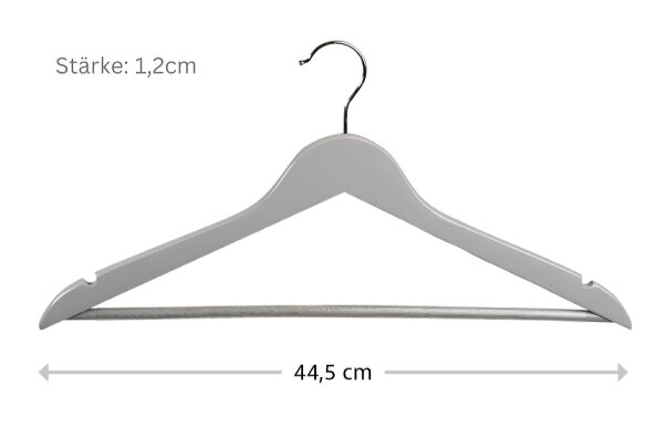 Witte kledinghanger met metalen haak en antislip broekstang, afmetingen 44,5 cm breed en 1,2 cm dik, frontaal aanzicht op witte achtergrond.