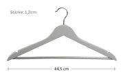 Witte kledinghanger met metalen haak en antislip broekstang, afmetingen 44,5 cm breed en 1,2 cm dik, frontaal aanzicht op witte achtergrond.