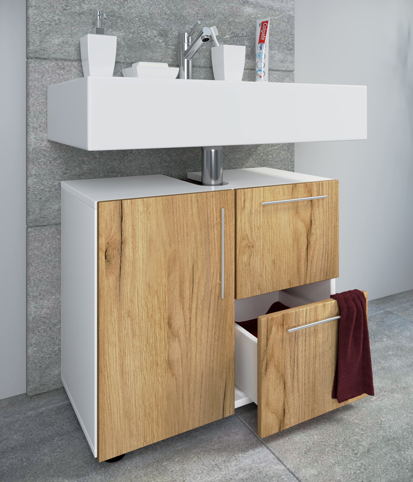 Modernes Badezimmer-Waschbecken mit weißem Aufsatzbecken auf Waschtisch-Unterschrank in Weiß und Holzoptik, mit geöffneter Schublade und Handtuch, perspektivisch schräg von vorne rechts aufgenommen.