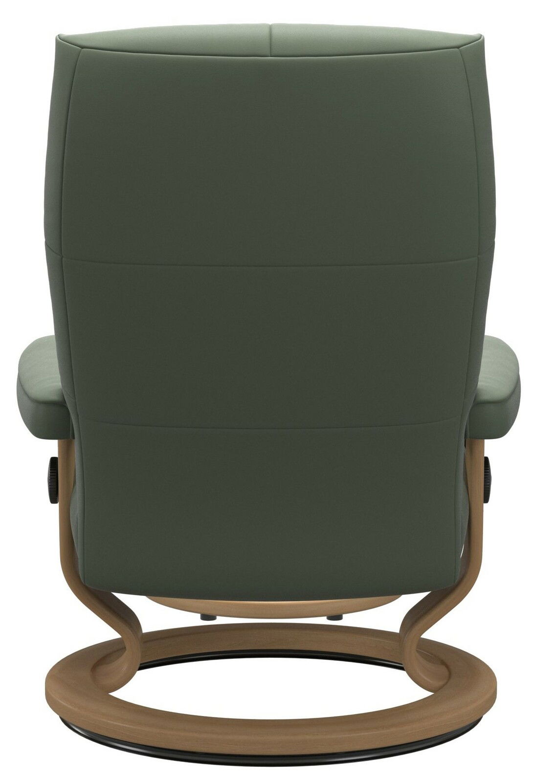 Rückansicht eines grünen Einzelsessels mit Holzgestell und rundem Fuß.