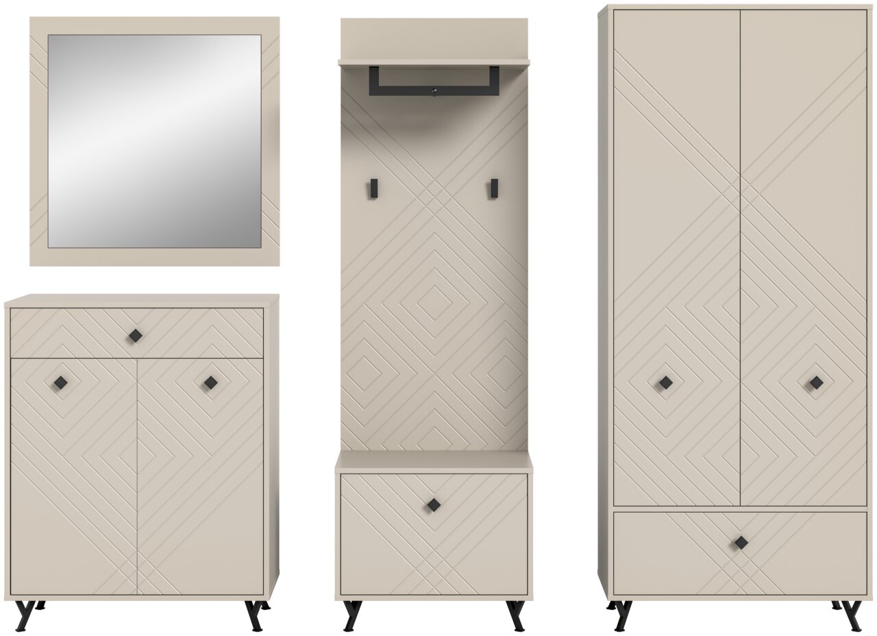 Garderobenkombination in modernem Design mit geometrischen Mustern, bestehend aus einem Spiegel, einem Schrank mit Schubladen und einem hohen Schrank, frontal abgebildet.