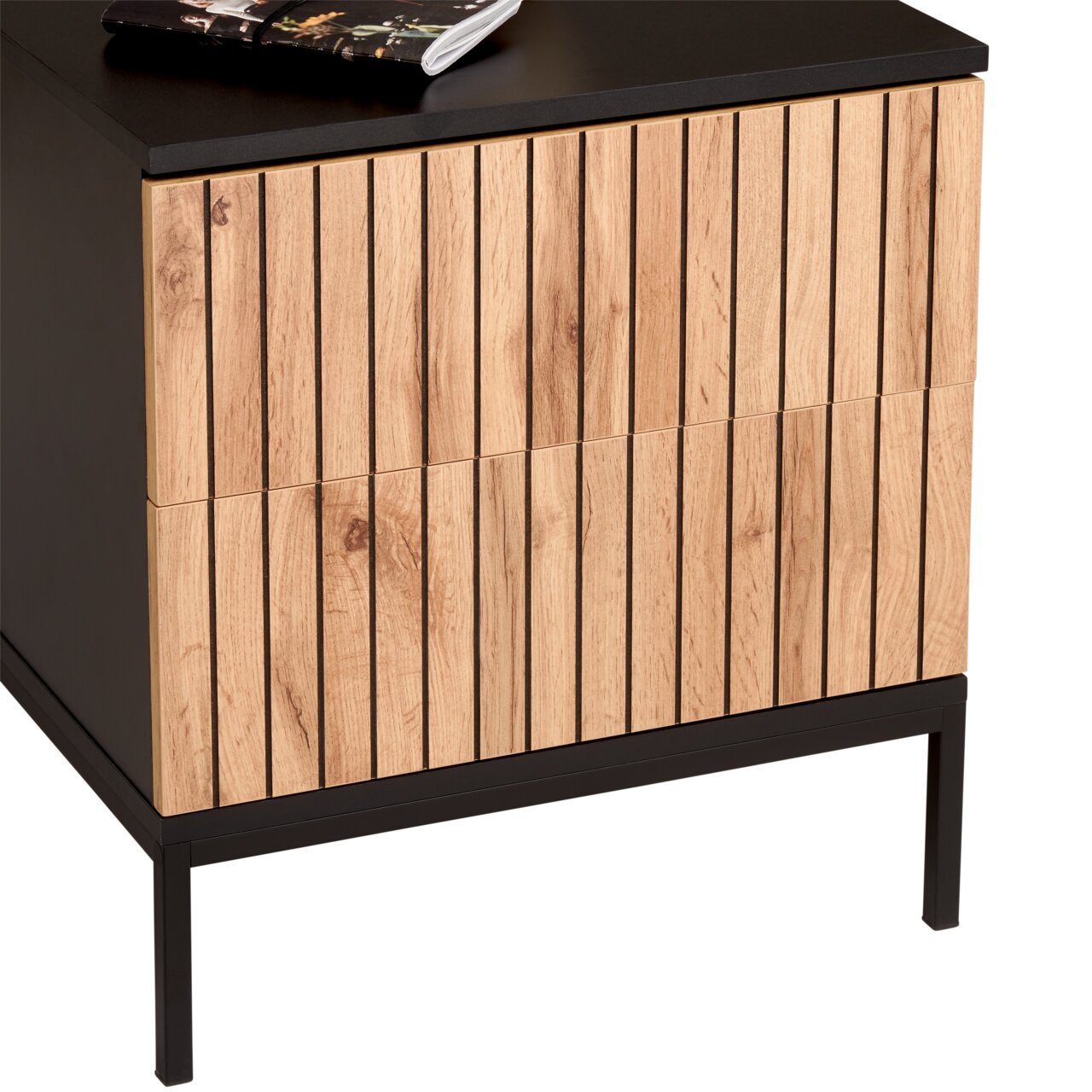 Nachtkastje met houten lamellen, zijaanzicht